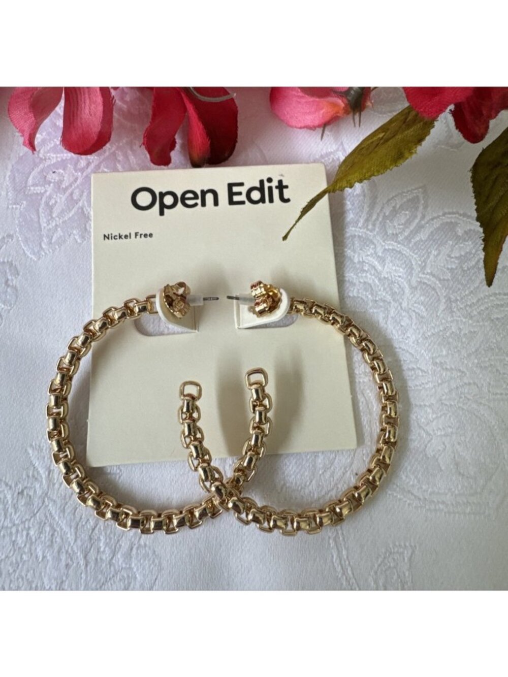 Open Edit Earrings Gold Chunky Frozen Box Chain 2 Hoop Nickel Free Nordstrom NWT